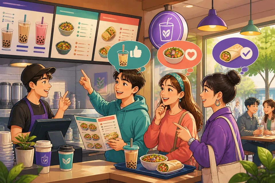 A learner looking at a phone with Traditional Chinese opinion phrases in Taiwan Mandarin, surrounded by icons for agreement, disagreement, and mixed feelings. The scene introduces the topic of expressing opinions naturally.