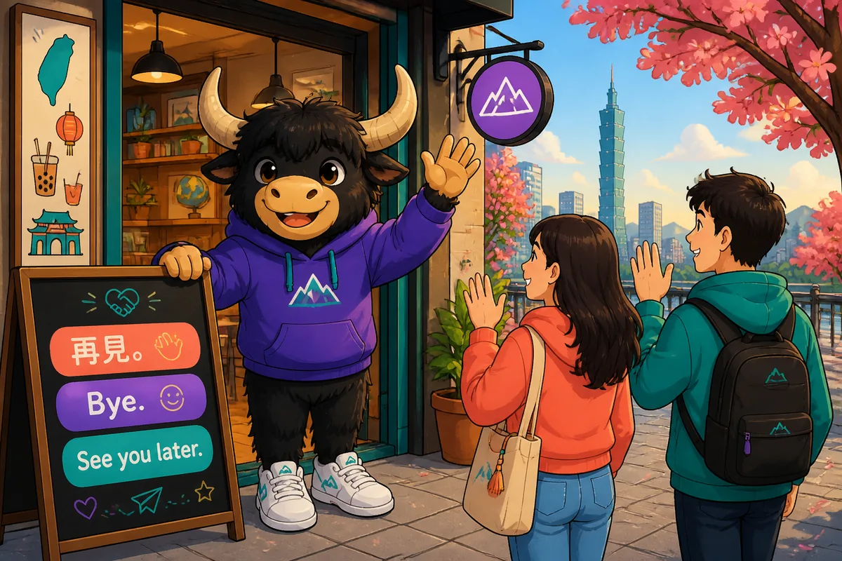 A friendly street corner in Taiwan with two people waving goodbye, showing Traditional Chinese text for the Taiwan Mandarin lesson topic: goodbyes.