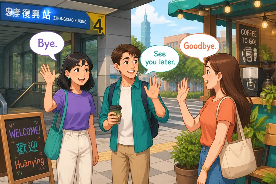 Anna and David parting after a conversation in Taiwan, using Traditional Chinese Taiwan Mandarin phrases like goodbye, see you later, and take care.