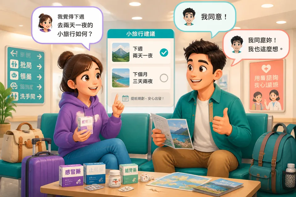 Anna and David chat in a lively Taiwan café, using Traditional Chinese phrases to agree, disagree, and find a plan together.
