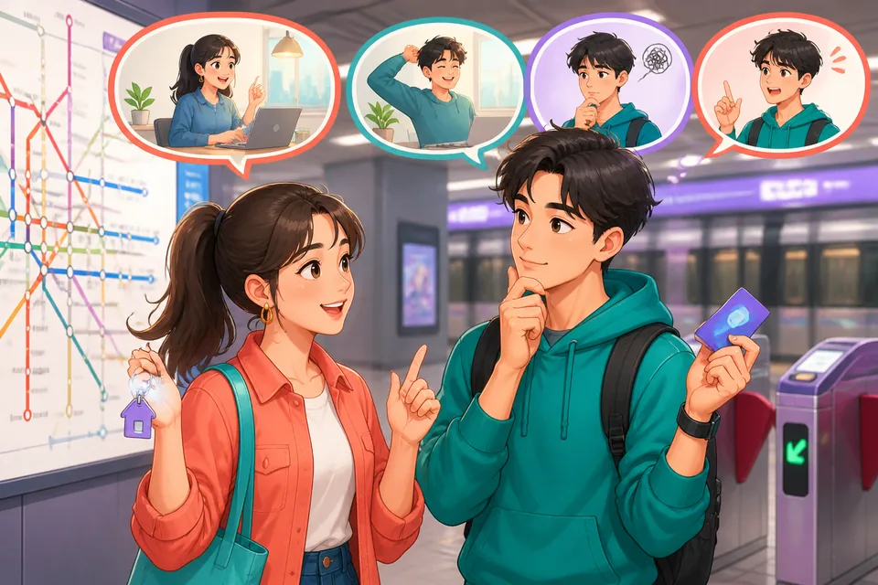 Anna and David chatting at a café in Taiwan, using Traditional Chinese Taiwan Mandarin to discuss opinions gently and respectfully.