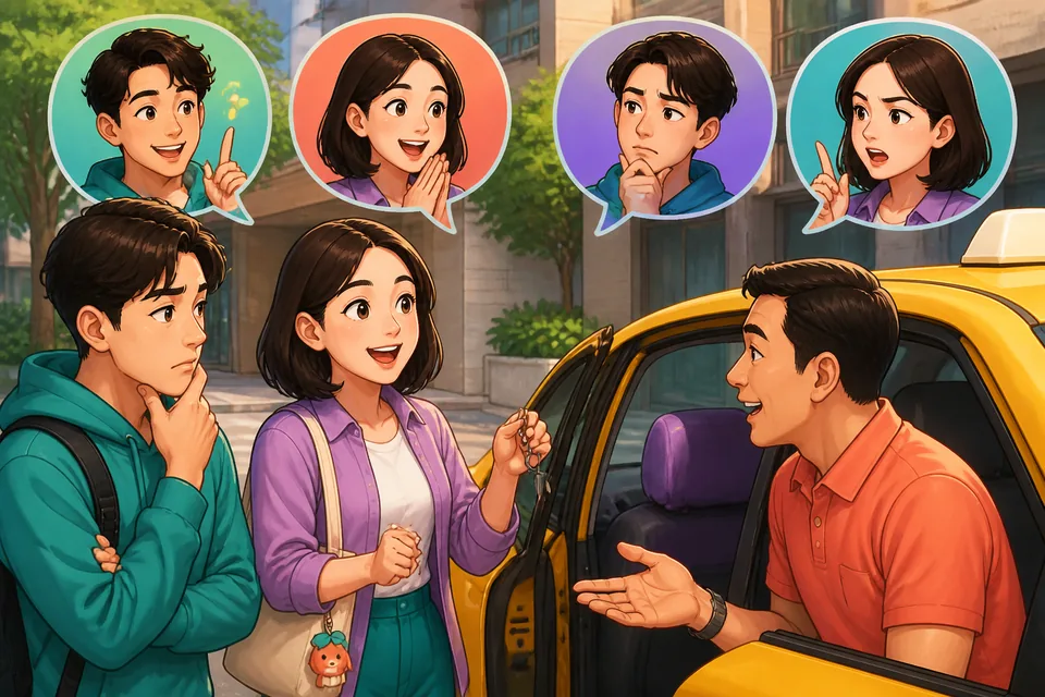 A bright classroom-style scene showing Traditional Chinese phrase cards for Taiwan Mandarin agreement and disagreement, with speech bubbles like “maybe” and “I see it differently.”