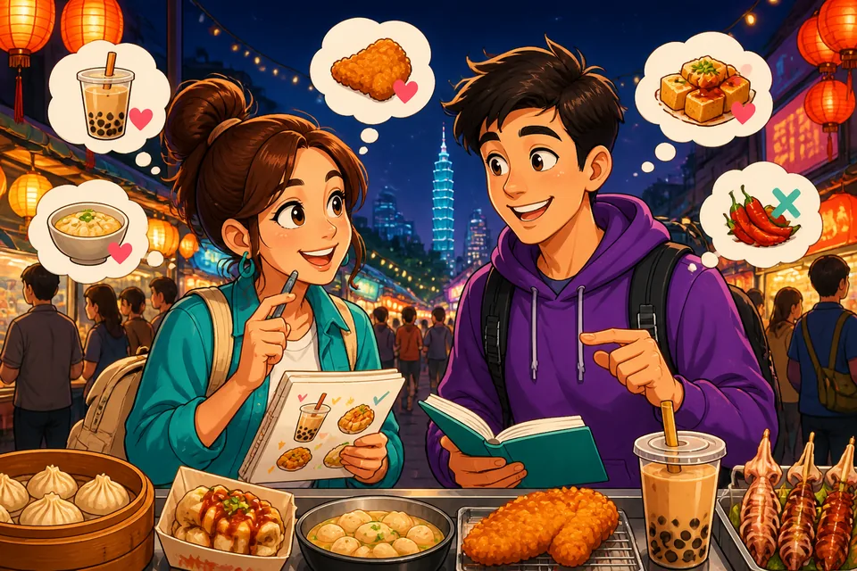 Anna and David chat at a casual Taiwanese food stall, using Traditional Chinese Taiwan Mandarin to compare foods and drinks. The lively night-market setting supports the lesson topic of preferences.