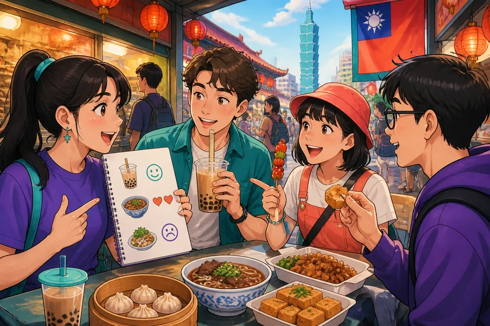 Two friends look at a Taiwan café menu while practicing Traditional Chinese phrases for likes, dislikes, and favorites in Taiwan Mandarin. Drinks and desserts on the table make the preference topic clear.