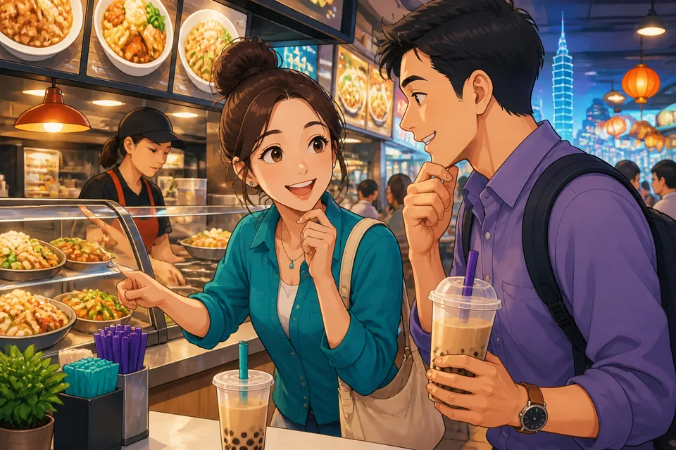 Anna and David chatting outside a casual restaurant in Taiwan, comparing dinner options in Traditional Chinese. The scene shows Taiwan Mandarin preference phrases used in a friendly conversation.