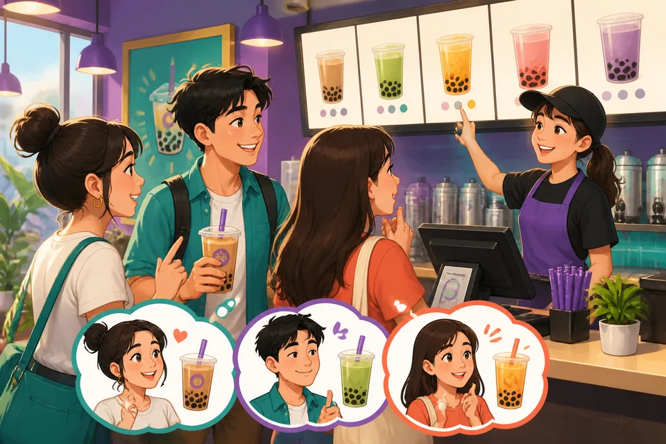Two friends in Taiwan looking at a colorful menu with Traditional Chinese writing, deciding what food and drinks they like. The image supports a Taiwan Mandarin lesson on preferences and practical choices.