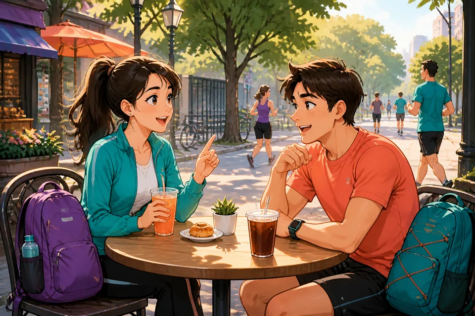 Anna and David chatting in a Taiwan café about exercise routines and weekend habits. The scene supports a Traditional Chinese Taiwan Mandarin lesson on asking and answering about habits.