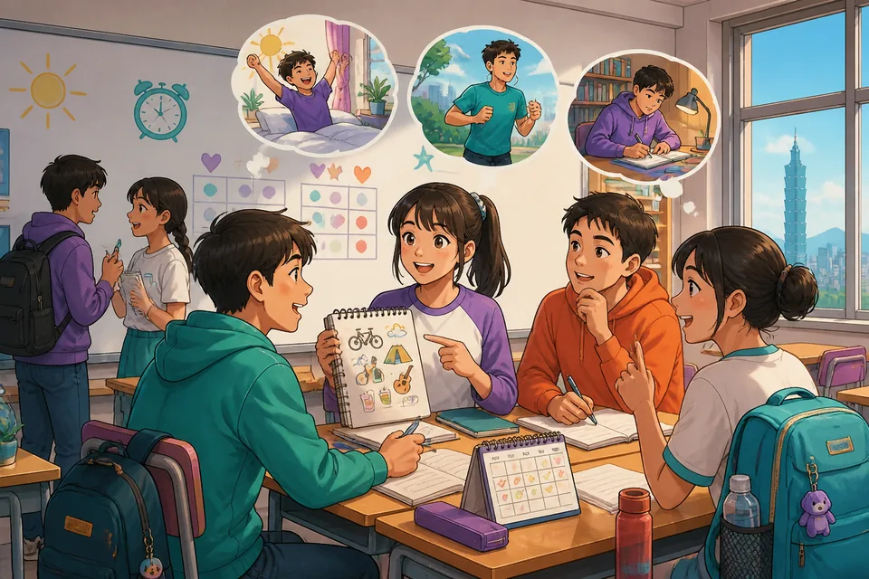 A learner practicing Traditional Chinese phrases about daily habits in a bright Taipei apartment. Taiwan Mandarin routine words are shown near everyday objects like a cup, phone, and calendar.
