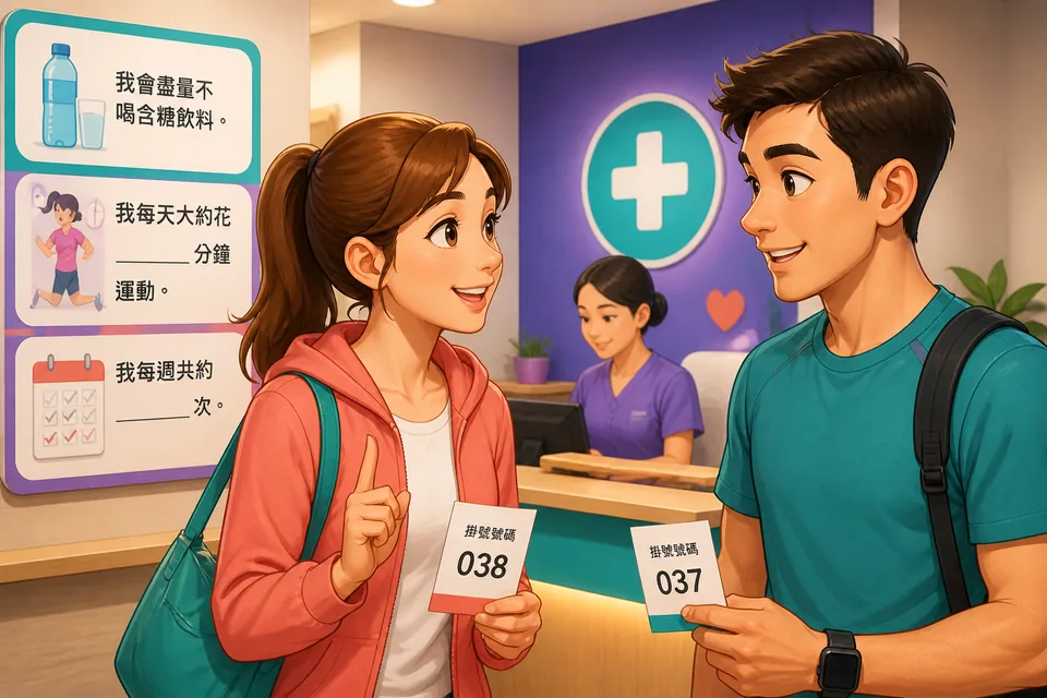 Anna and David chatting in a bright Taipei café about habits and routines, with Traditional Chinese Taiwan Mandarin dialogue on screen.