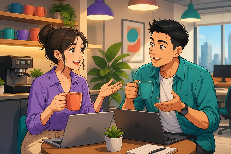 Anna and David chatting casually in a Taiwan café, using Traditional Chinese Taiwan Mandarin to talk about exercise, coffee, weekends, and how often things happen.