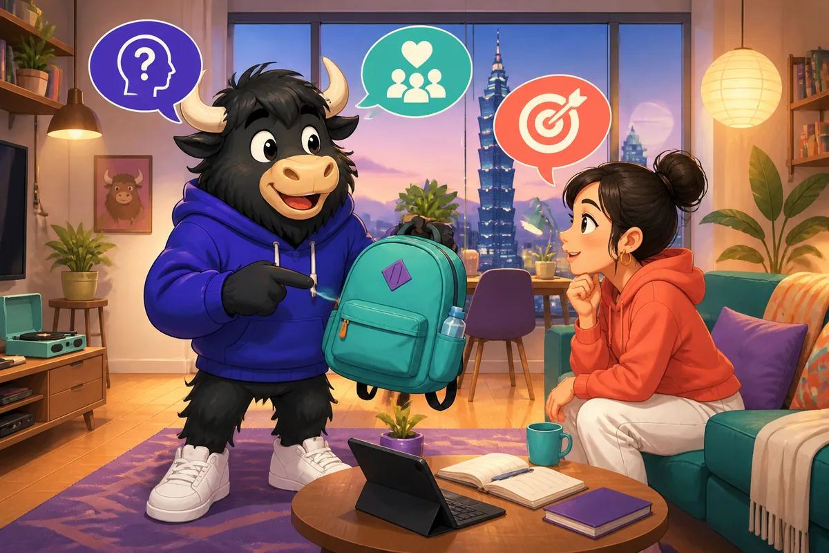 A lively Taiwan Mandarin lesson scene about Reasons, with Traditional Chinese phrases floating above a café table where two friends discuss choices and plans.