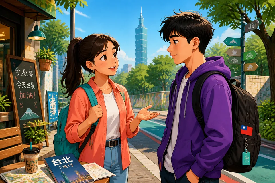 Anna and David chatting in a Taipei café in a Taiwan Mandarin mini-dialogue about reasons, decisions, and explanations written in Traditional Chinese.