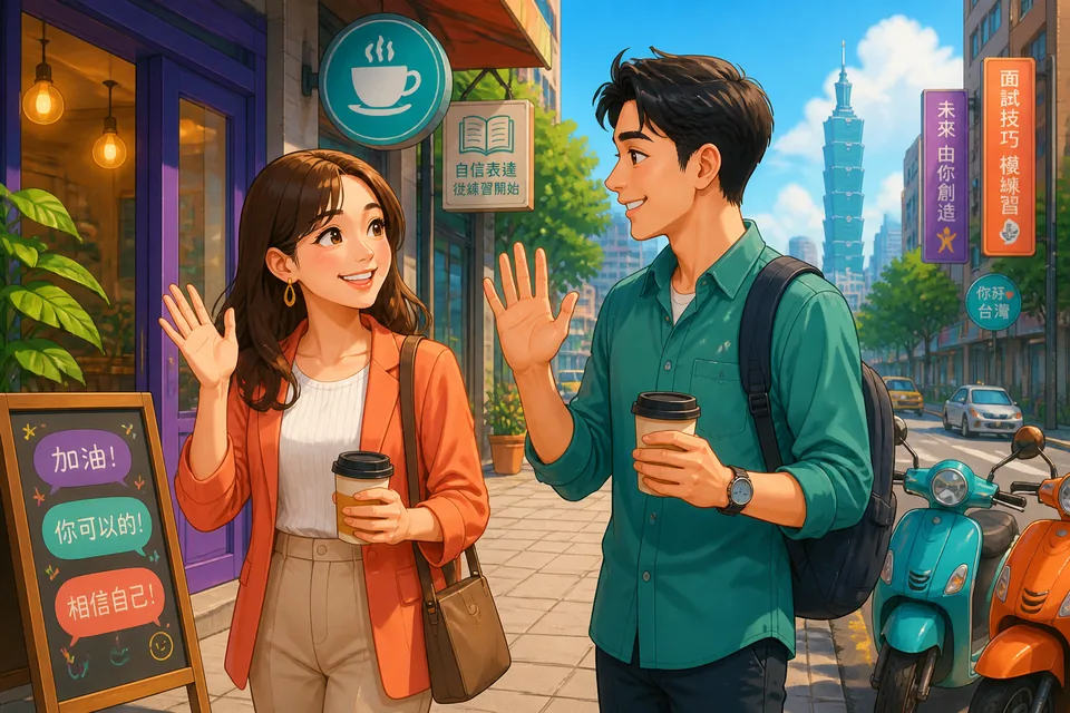 Two friends in Taiwan say goodbye at a train station while using Taiwan Mandarin in Traditional Chinese. One carries a backpack, making the Goodbyes lesson feel practical and vivid.