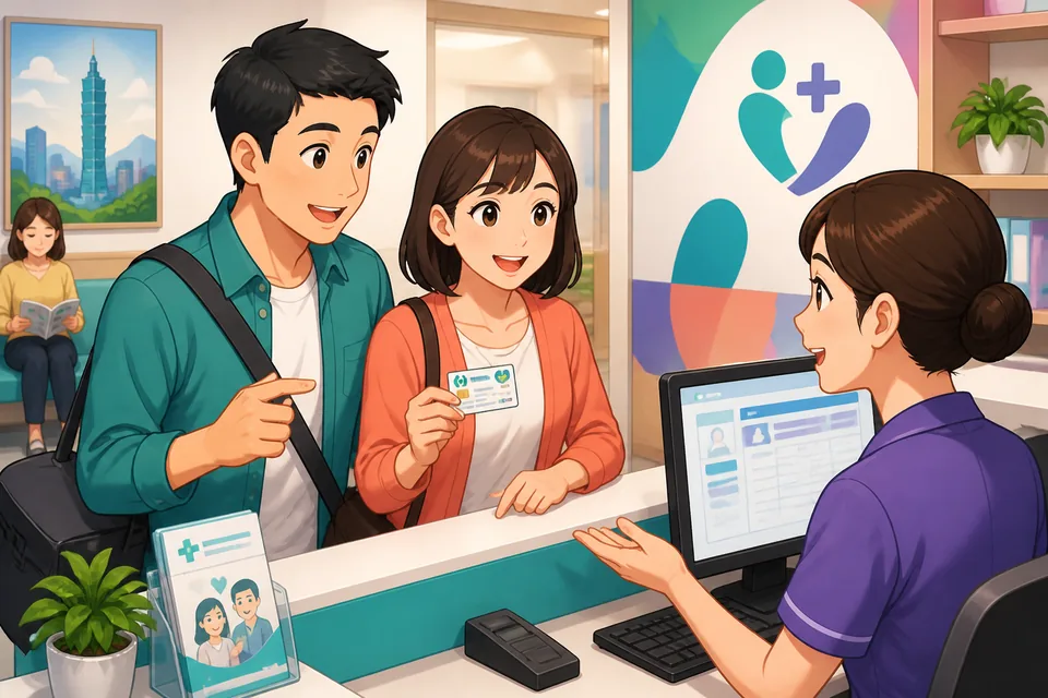 Two learners in Taiwan look at a phone map and café menu while practicing Traditional Chinese example phrases. The Taiwan Mandarin lesson topic is giving examples in everyday conversation.