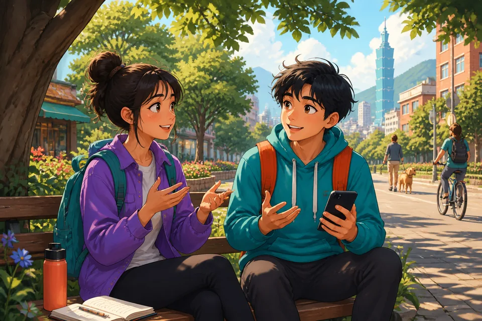 Anna and David chat in Taiwan Mandarin using Traditional Chinese example phrases to explain everyday situations. The dialogue scene shows them comparing cases like online shopping, work, and travel.