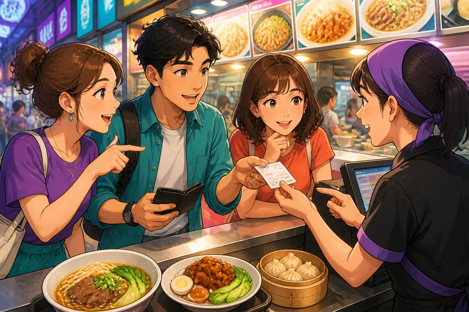 Two friends in Taiwan look at restaurant signs written in Traditional Chinese while practicing Taiwan Mandarin comparison phrases. The scene highlights choosing between options in daily life.