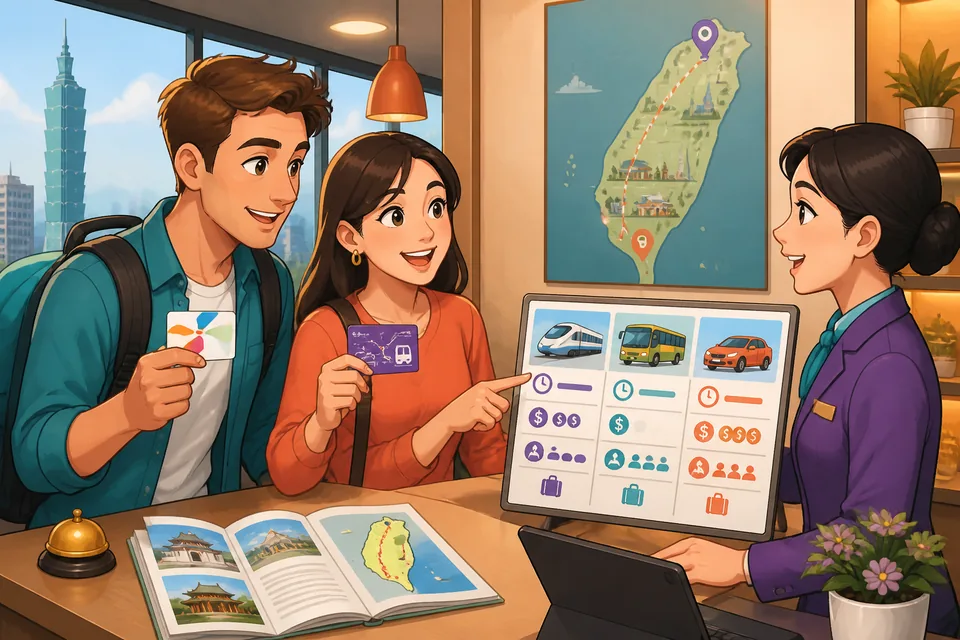 Anna and David chat in Taiwan Mandarin using Traditional Chinese subtitles while comparing weekend travel choices, balancing price, time, and convenience.