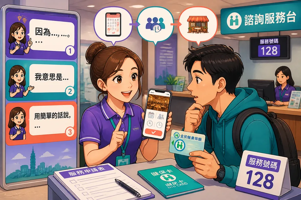 Anna and David talk through how something works using Traditional Chinese explanation phrases in Taiwan Mandarin. Speech bubbles show cause, purpose, and main point language.