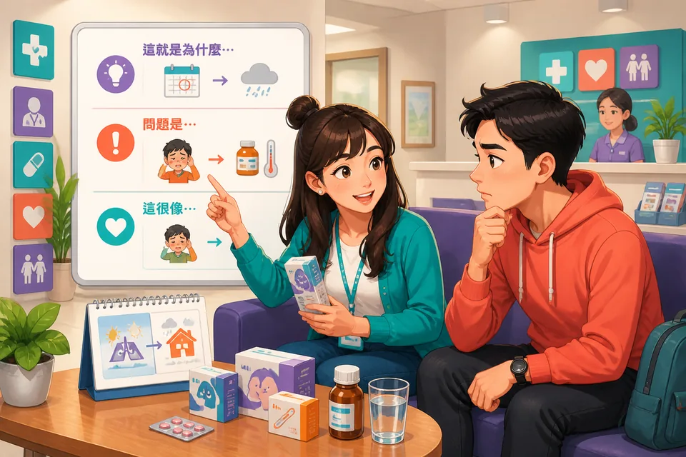 Anna and David discuss a schedule problem using Traditional Chinese explanation phrases in Taiwan Mandarin. The scene shows a practical conversation about reasons, results, and simple summaries.