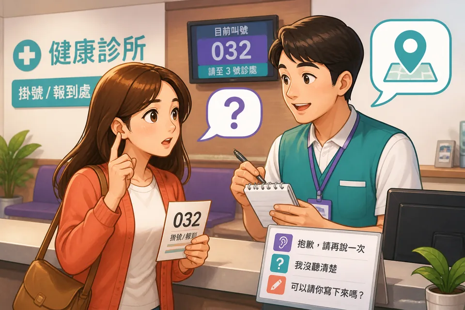 Anna and David talk in Taiwan Mandarin using Traditional Chinese phrases to clarify a location. Anna listens carefully while David writes the information down on his phone.
