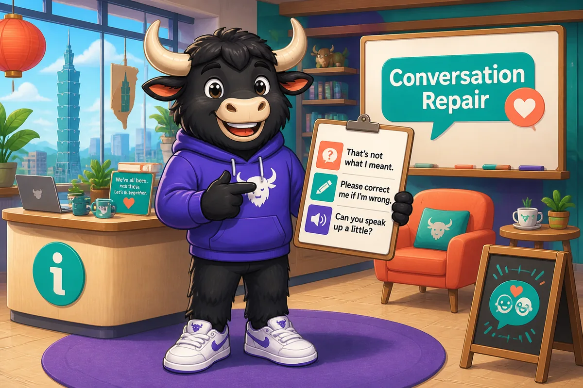 A learner on a video call using Traditional Chinese Taiwan Mandarin conversation repair phrases, with speech bubbles about unclear audio and asking for clarification.