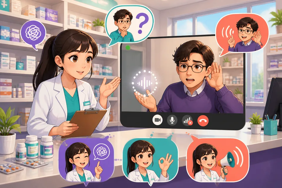Anna and David in an online meeting, practicing Traditional Chinese Taiwan Mandarin phrases for fixing a misunderstanding during a conversation.
