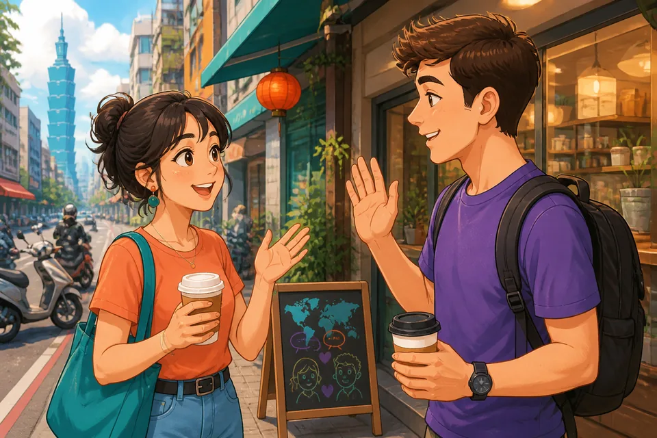 Anna and David having a first conversation in Taiwan Mandarin using Traditional Chinese identity phrases. They are smiling in a casual Taiwanese café while asking about names, where they are from, and languages.