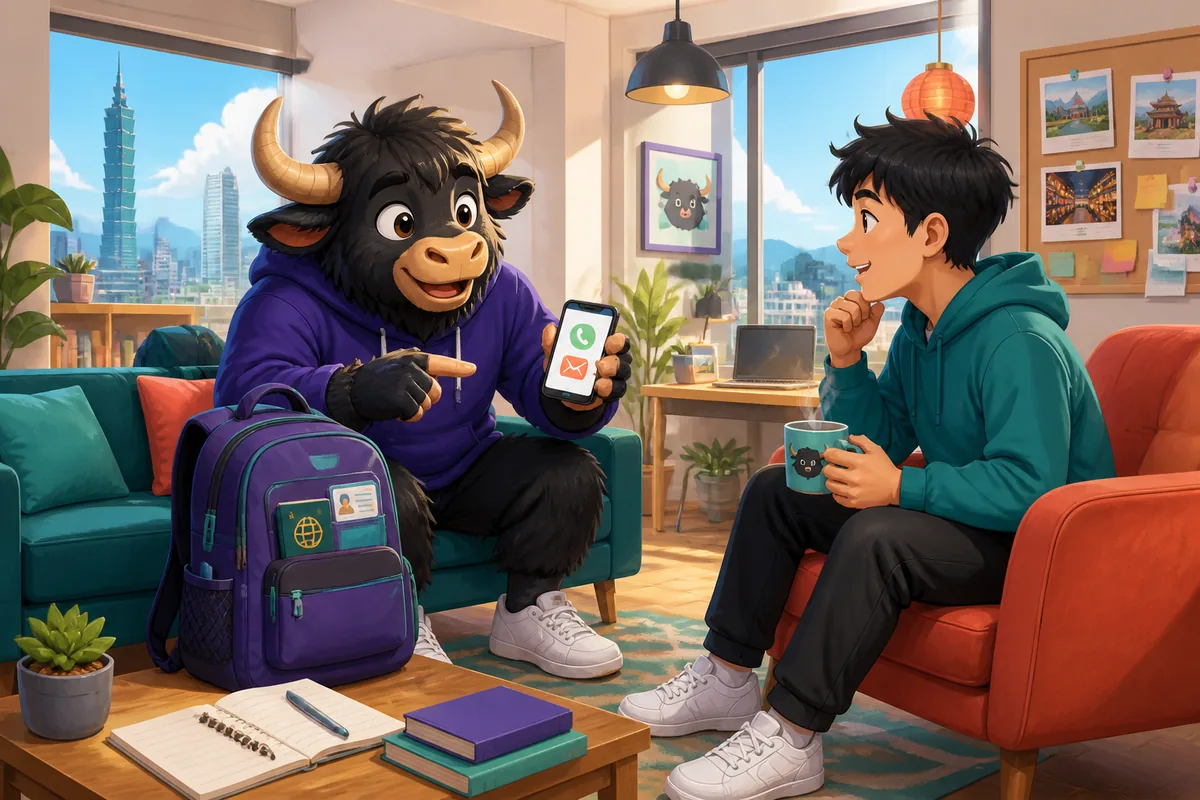 A friendly Taiwan Mandarin lesson scene with a notebook showing Traditional Chinese identity phrases for phone number, email, school, birthday, and nationality. The setting feels like a bright classroom in Taiwan with students exchanging contact information.