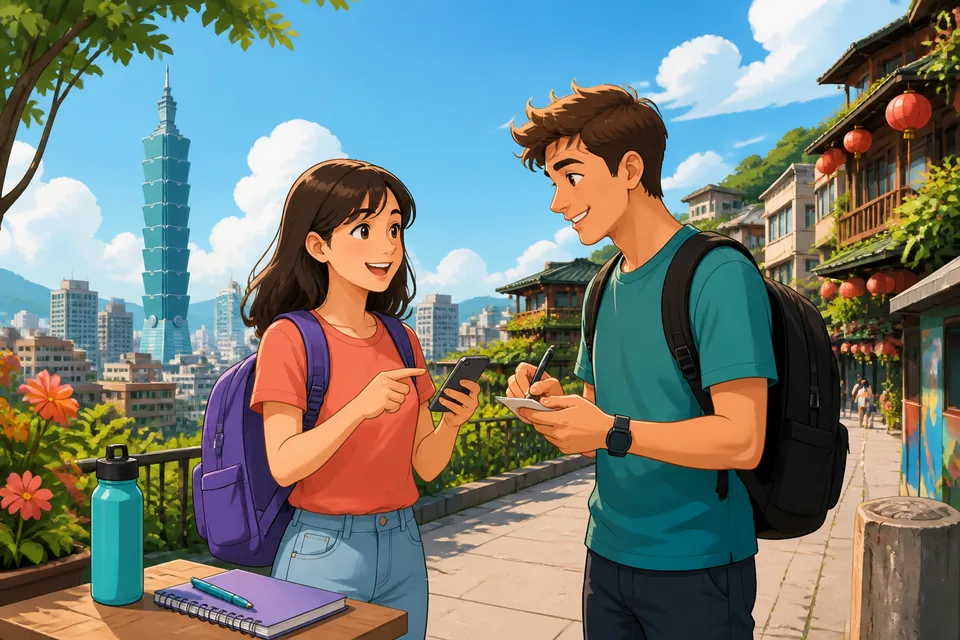 Anna and David chat at a campus table in Taiwan, exchanging phone numbers and email addresses in Traditional Chinese. The scene supports a Taiwan Mandarin dialogue about basic identity details.