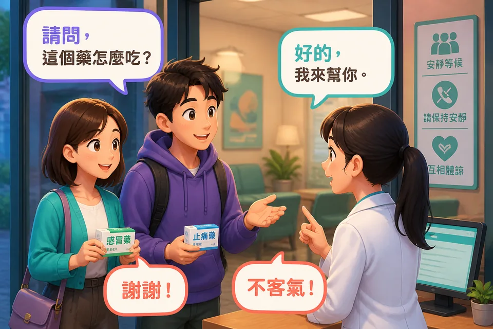 Anna and David using polite Taiwan Mandarin in Traditional Chinese near a doorway, practicing after you, excuse me, and thank you.