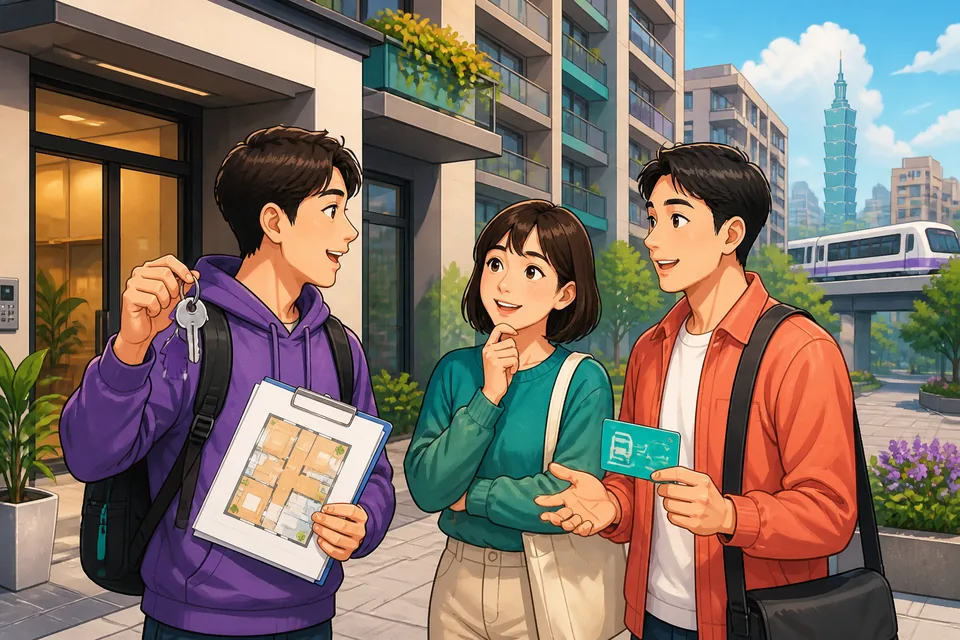 Two friends in Taiwan chatting outside an apartment building, practicing Traditional Chinese phrases for home location, roommates, and floors in Taiwan Mandarin.