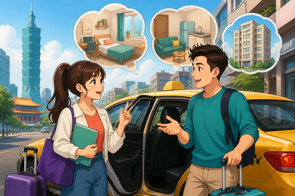 Anna and David chat in a Taiwanese café about apartments, rent, and finding a new place. Traditional Chinese subtitles show natural Taiwan Mandarin home conversation.