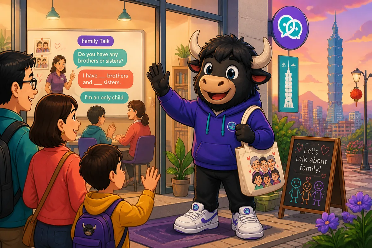 A warm family-themed Traditional Chinese lesson scene for Taiwan Mandarin, with speech bubbles about family members and household questions. The setting feels friendly and modern, like a casual chat in a Taipei café.