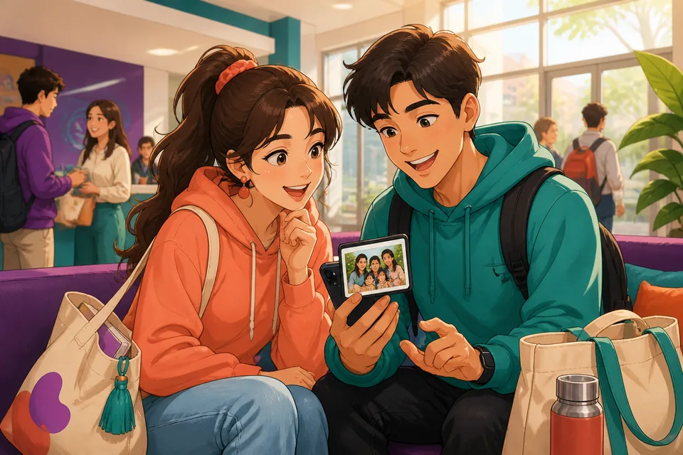 Anna and David having a relaxed Taiwan Mandarin conversation in Traditional Chinese about family size, siblings, and living with family. The scene shows a cozy table with tea, notebooks, and family photos.