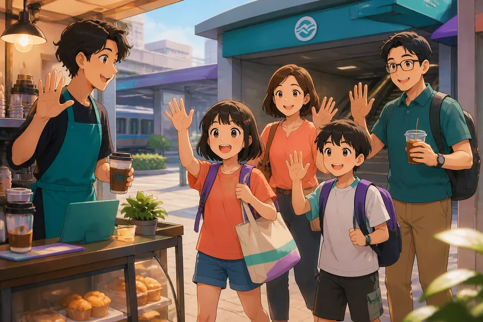 Two learners looking at a simple family photo wall while practicing Traditional Chinese in Taiwan Mandarin. The lesson topic is family, including siblings, parents, children, and who lives together.
