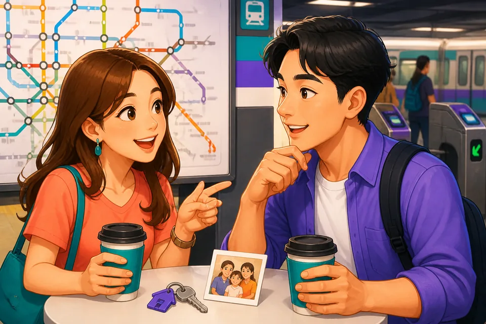 Anna and David chat casually in a bright Taiwan café, using Traditional Chinese family phrases in conversation. The scene highlights Taiwan Mandarin expressions for parents, siblings, and in-laws.