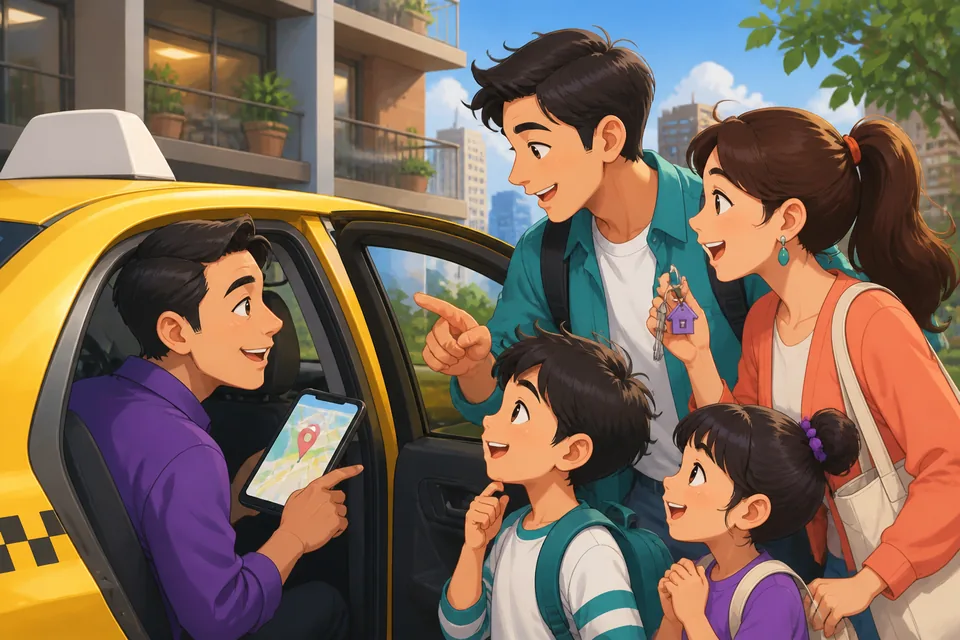 Two friends sit at a café in Taiwan, looking at family pictures on a phone while studying Traditional Chinese. The image supports a Taiwan Mandarin lesson about where relatives live and how close they are.