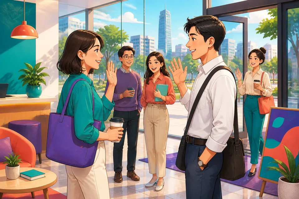 A learner looking at a phone calendar with work hours, meeting time, and a day off marked in Traditional Chinese. The scene introduces Taiwan Mandarin phrases for talking about work life.