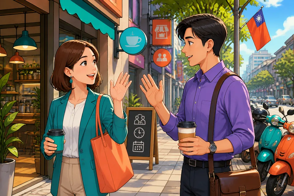 Two coworkers in a Taiwan office discuss a meeting time, a project, and leaving early, using Traditional Chinese phrases from a Taiwan Mandarin work lesson.