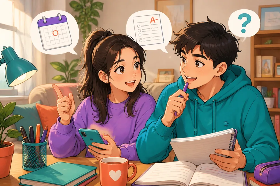 Two students chat at desks in a Taiwan classroom while looking at a test paper and project notes. The scene supports a Traditional Chinese Taiwan Mandarin dialogue about tests, projects, and forgotten school items.