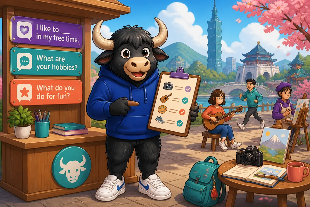 A lively Taiwan Mandarin lesson scene with Traditional Chinese phrases about hobbies, showing friends chatting over coffee with a guitar, camera, and hiking backpack nearby.