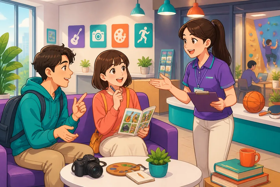 A cozy Taipei café scene for a Traditional Chinese hobby lesson, with learners practicing Taiwan Mandarin phrases for free-time activities and weekend plans.