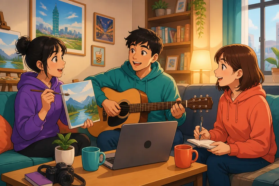 Two friends in Taiwan chatting casually about weekend activities, with Traditional Chinese hobby phrases shown nearby for a Taiwan Mandarin speaking lesson.