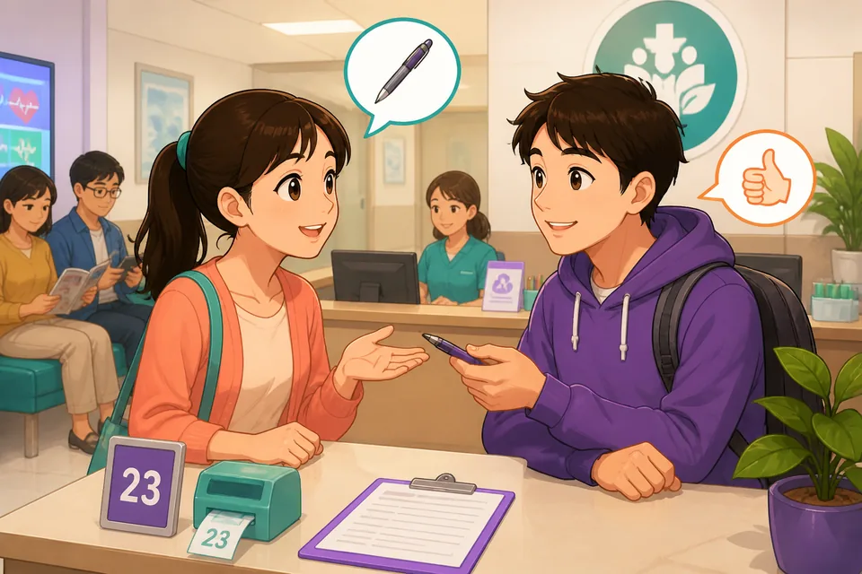 Anna and David in a casual Taiwan classroom scene using Traditional Chinese politeness phrases in Taiwan Mandarin while sharing a pen and checking if something is okay.