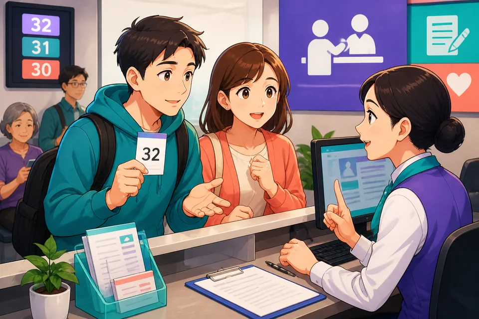 Two learners smiling and practicing polite Taiwan Mandarin in Traditional Chinese, with speech bubbles for “Can I ___, please?” and “Here you go.”