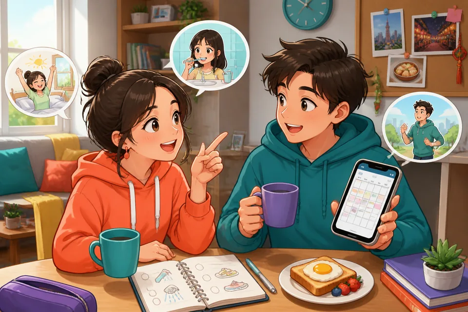 Anna and David chatting in a Taiwan café about their daily routines in Traditional Chinese, with morning commute and work schedule icons around them.
