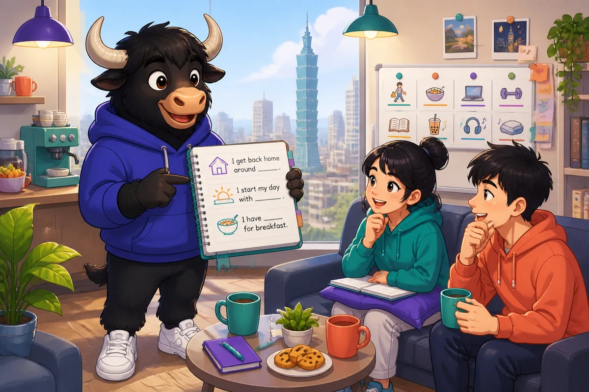 A cozy Taiwan morning scene with breakfast on the table, coffee, and a phone alarm, introducing a Traditional Chinese Taiwan Mandarin lesson about daily routine.