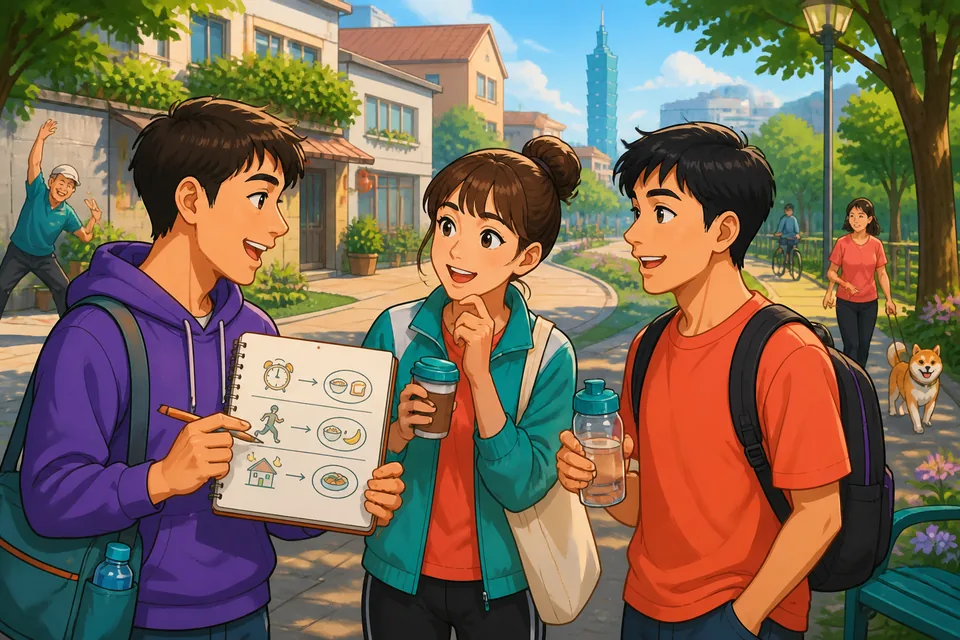 A learner in Taipei getting ready for the day, with Traditional Chinese notes about waking up, breakfast, and going to work in Taiwan Mandarin.