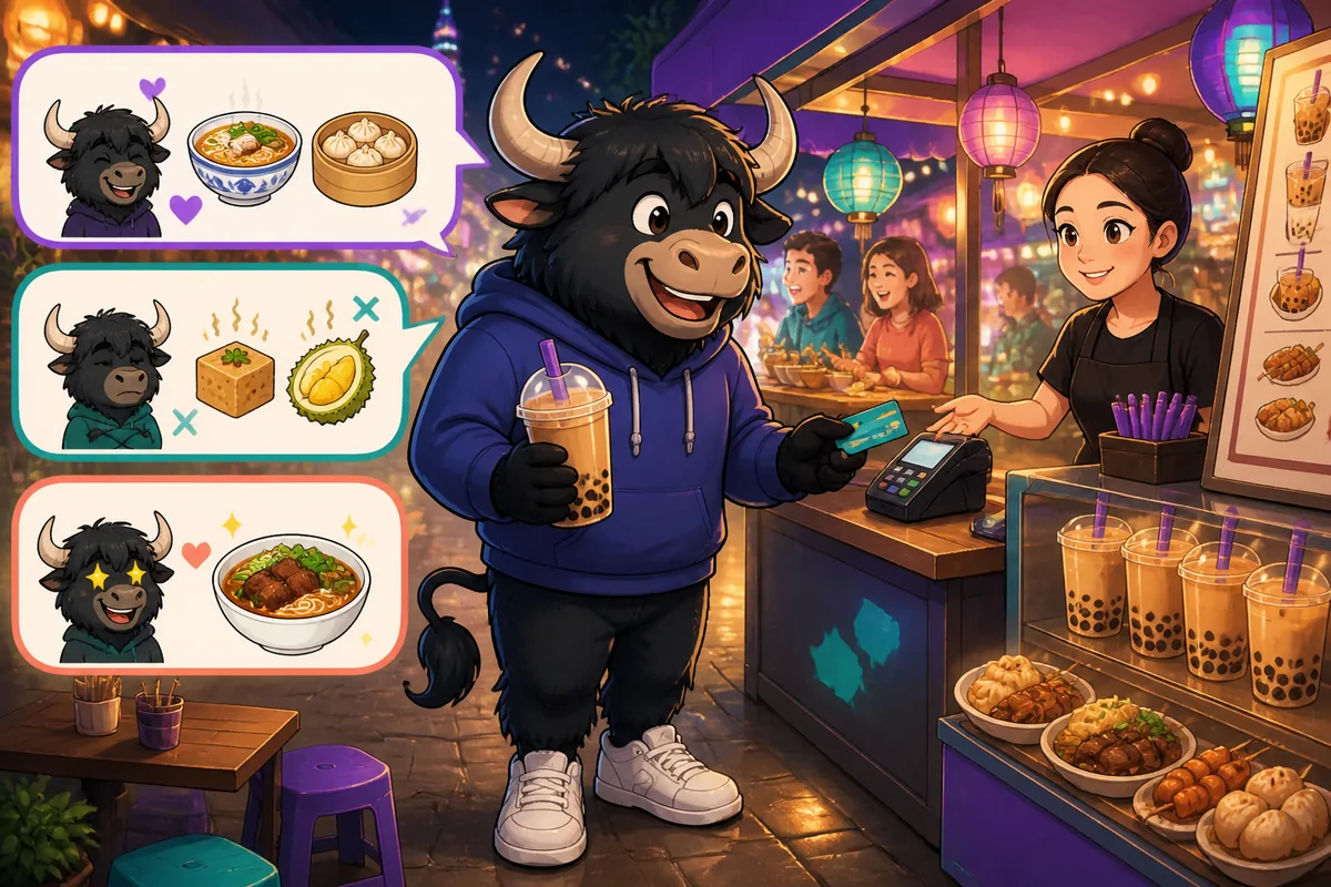 A bright Taiwan night-market food stall scene with Traditional Chinese signs, showing friends discussing food preferences in Taiwan Mandarin. Steam rises from snacks as people point at dishes and ask about ingredients.