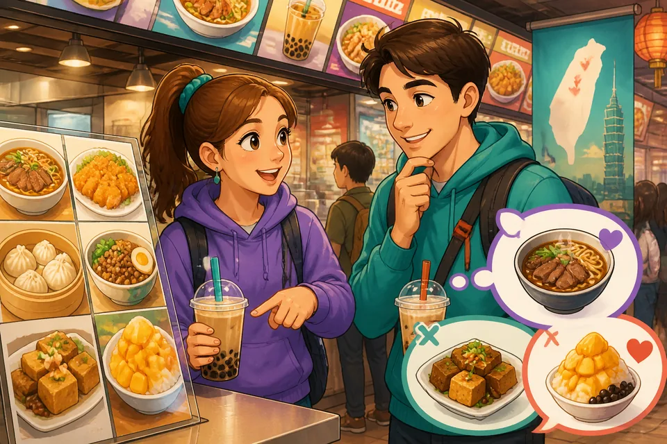 Two friends chatting in Taiwan Mandarin beside a small restaurant counter with Traditional Chinese menu boards. They talk about vegetarian food, favorite dishes, and what ingredients are inside.